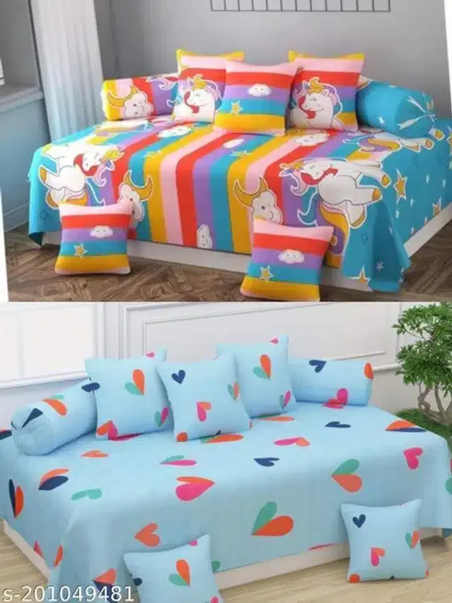 Polycotton Diwan Cover Set, Multicolor, Combo of 2