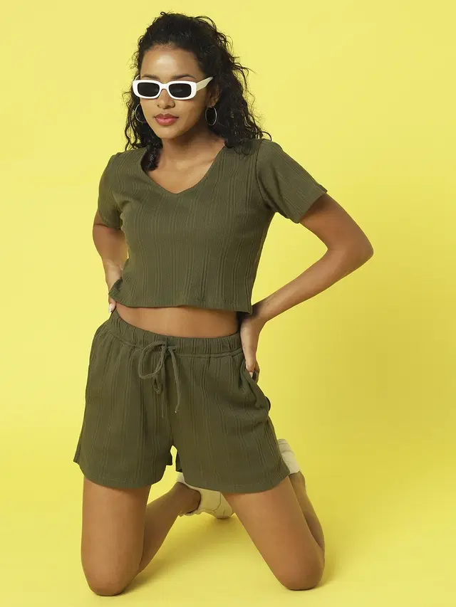 Pure Cotton Top & Bottom Set for Women (Olive, L)