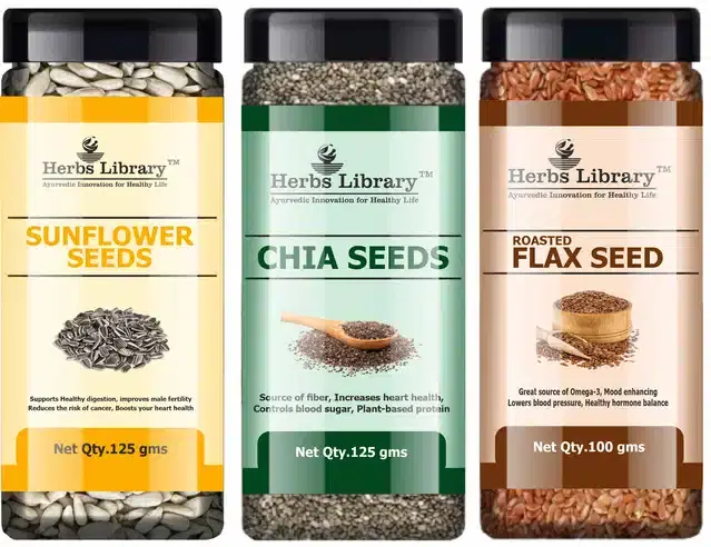 Herbs Library Sunflower Seeds, Chia Seeds and Roasted Flax Seeds, Pack of 3, 125 g