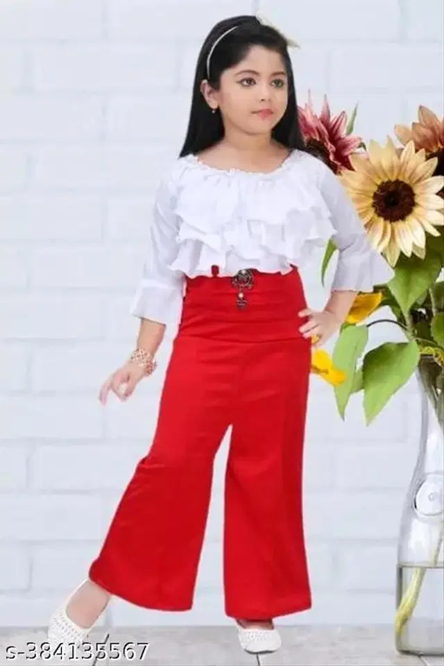 Hosiery Cotton Clothing Set for Girls (White & Red, 1-2 Years)