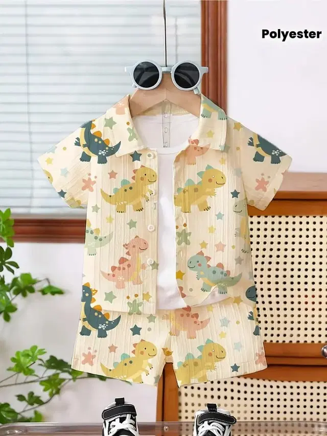 Poly Cotton Animal Print Clothing Set for boys, White (1-2 Years)