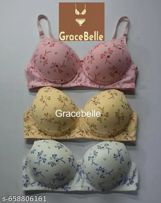 Cotton Printed Bra for Women & Girls, Multicolour, Pack of 3 (32A)