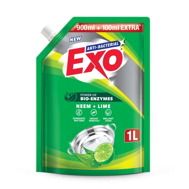 Exo Anti-Bacterial Liquid Dishwash (Neem + Lime) Green 900+100 ml Pouch