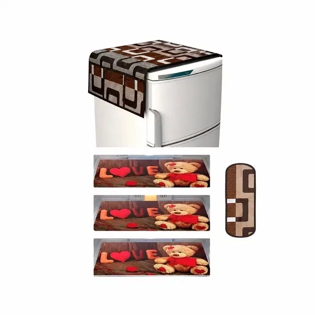 Printed Fridge Cover 3 Pcs Mat with Top & Handle Cover, Multicolor, Set of 1