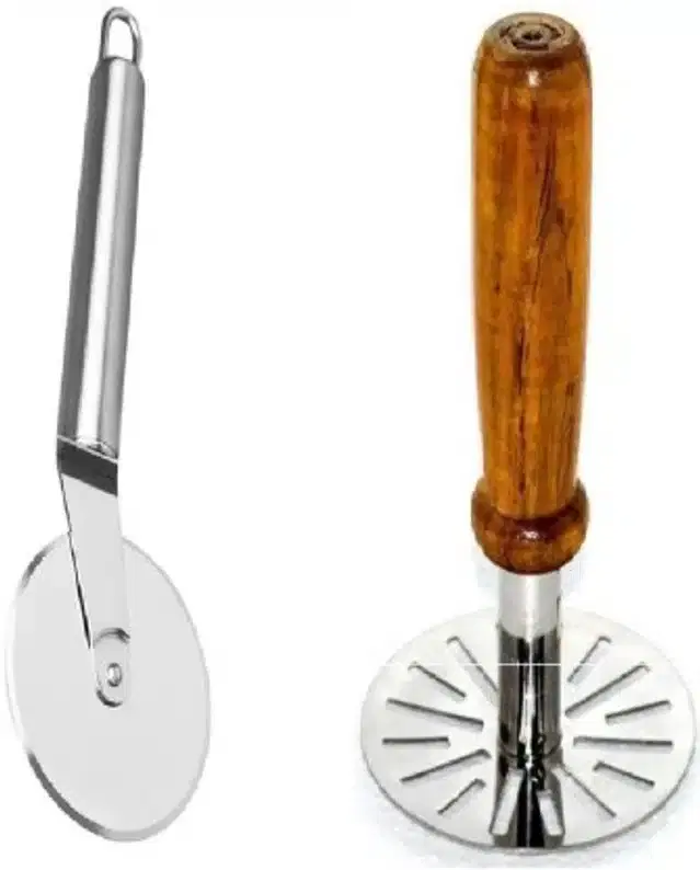 Combo of Stainless Steel Pizza Cutter & Masher, Pack of 2, Multicolor