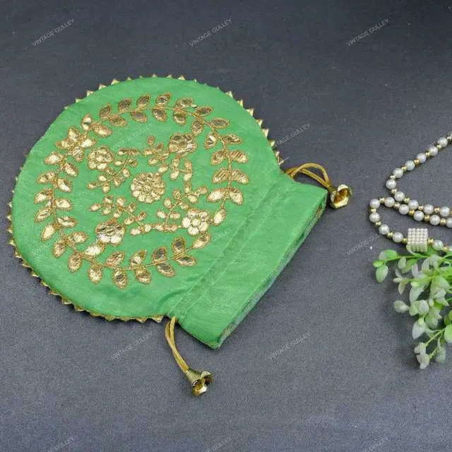 Cotton Silk Ethnic & Traditional Handheld Potli for Women, Green, A-39