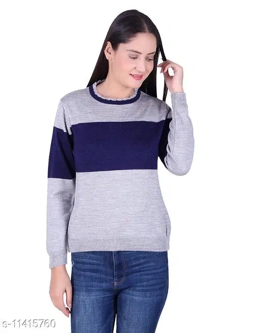 Acrylic Striped Sweater for Women (Grey & Blue, M)