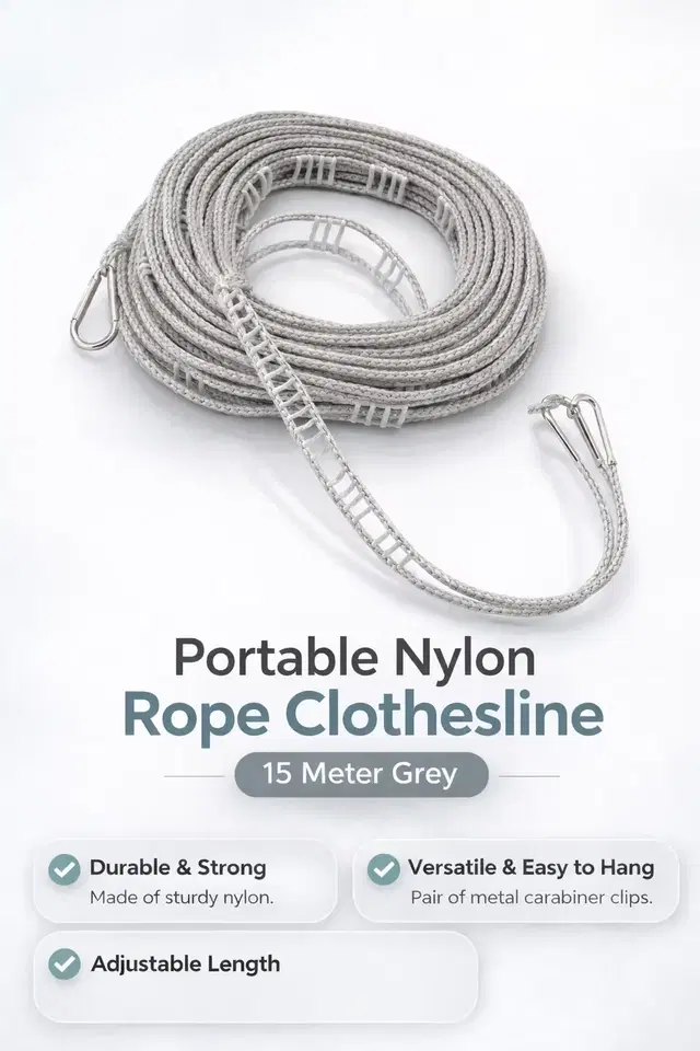 Portable Nylon Rope Clothesline 15 Meter Grey