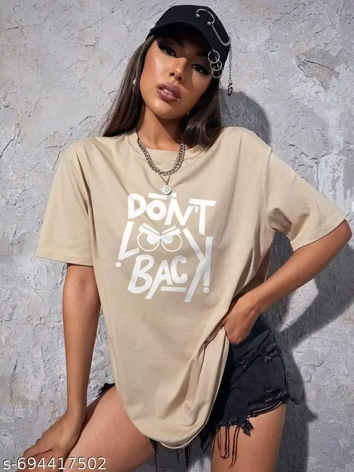 Cotton Blend Printed T-shirt for Women, Beige (XXS)