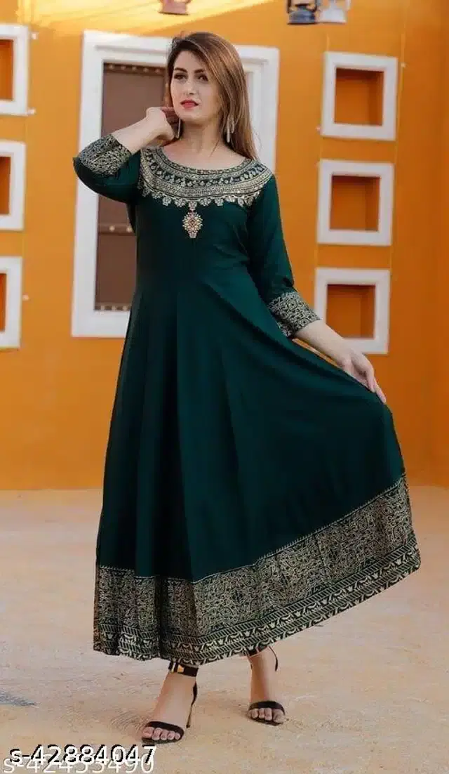 Rayon Printed Kurti for Women (Bottle Green, XL)