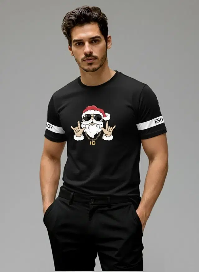 Polyester Printed T-shirt for Men, Black (XL)