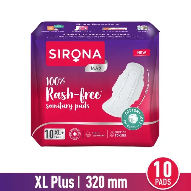Sirona Cottony Soft Rash Free Sanitary Pads For Women (xl+ Size) Pack Of 10