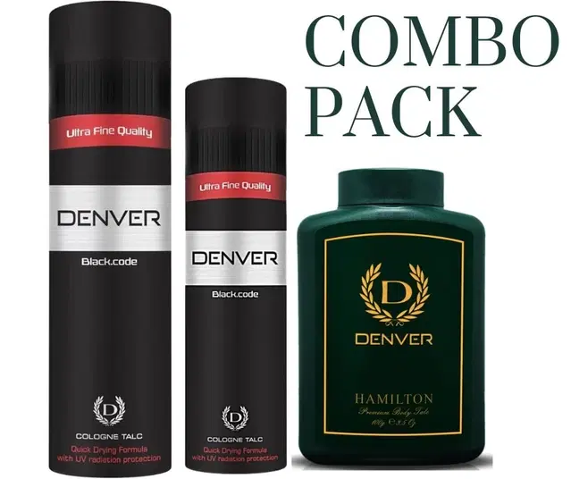 Combo of Denver Black.Code Ultra Fine Quality Cologne Talc, 100 g & 300 g & Hamilton Premium Body Talc, 100 g, Set of 3