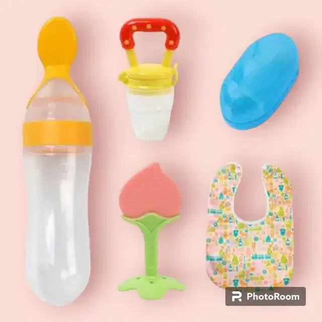 Silicone Food & Fruit Feeder, Teether, Finger Brush & Bid for Kids, Multicolor, Set of 5