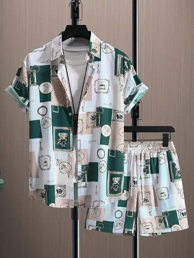 Silk Blend Printed Top & Bottom Set for Men (Beige & Green, S)
