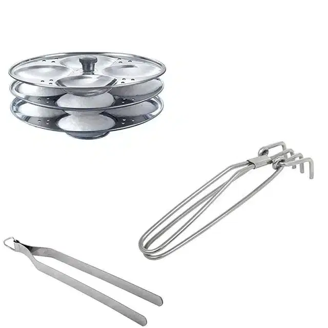 Stainless Steel Pakad, Chimta & Idli Making Stand of 3 Plates, Combo of 3
