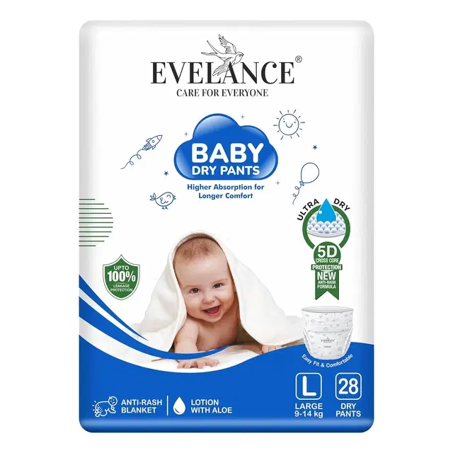 Evelance Baby Diaper Pants, Ultra Soft Cottony Feel, Fast Absorption, And Anti-Leak Protection For All-Day Dryness | L | 9–14 Kg | 28 Count
