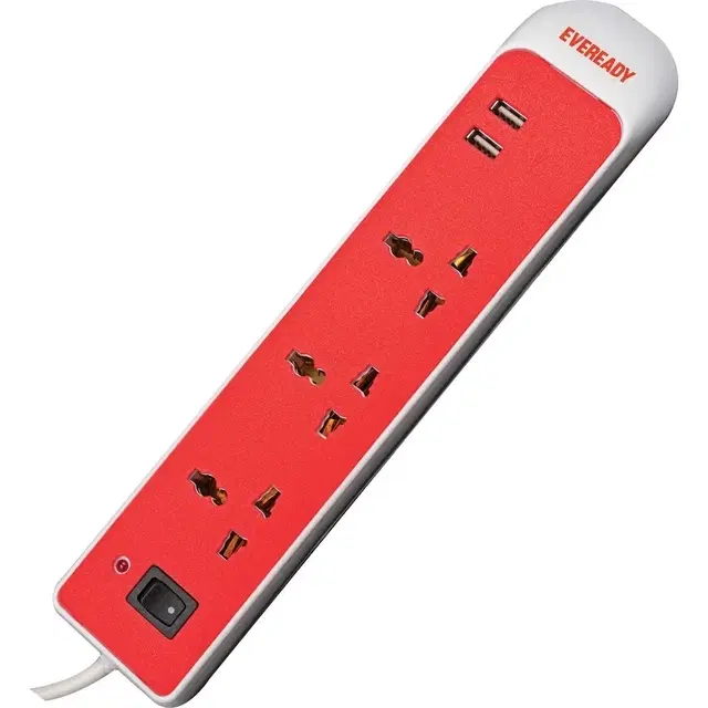 EVEREADY Everprotect Pro X2 - Spikeguard 3  Socket Extension Boards (White, Red, 4M, With USB Port)