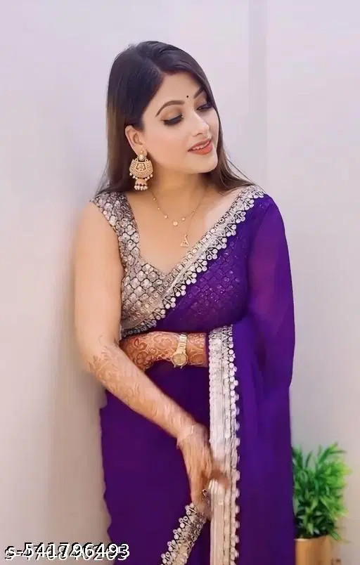 Georgette Solid Saree For Women, Purple