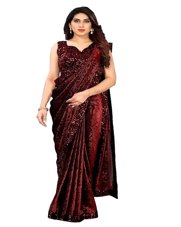 Lycra Sequence Saree for Women (Maroon, 6.3 m)