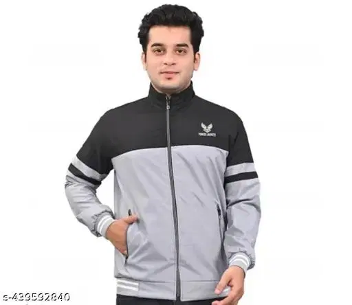 Polyester Solid Jacket for Men (Grey & Black, L)