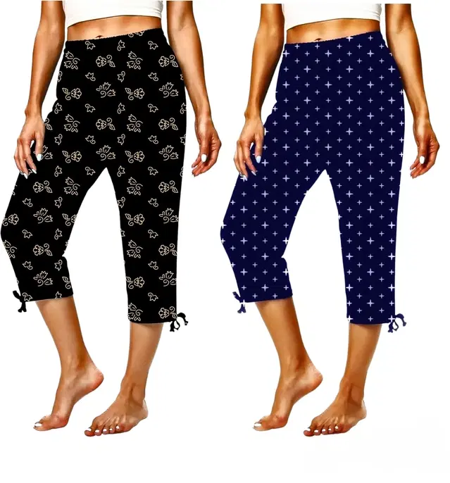 Cotton Printed Capris for Women, Pack of 2 (Multicolor, XL)
