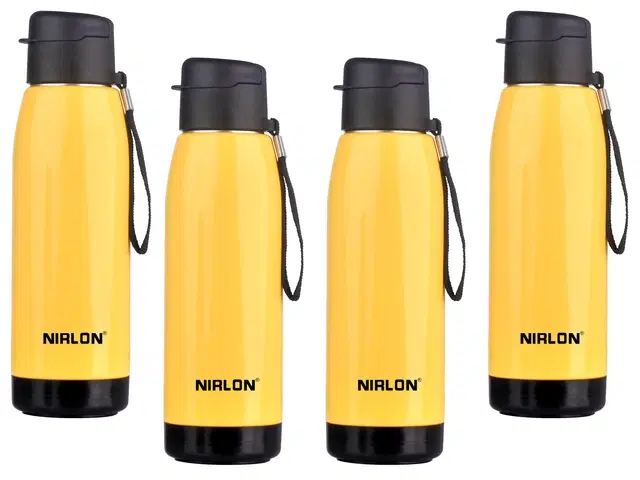 Nirlon Electro Pu Insulated Stainless Steel Inner Side Set Of 4, 750Ml, Break Proof, Leak Proof, Hot & Cold Water Bottle For Home| School | Office | Gym | Hiking | Travel Bottle (Yellow)