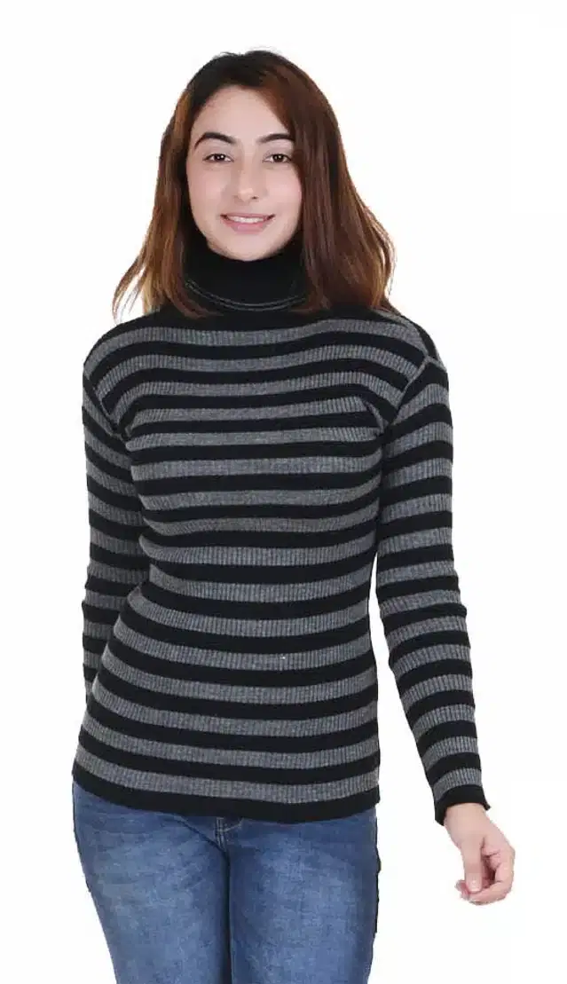 Full Sleeves Striped Sweater for Women (Grey, M)
