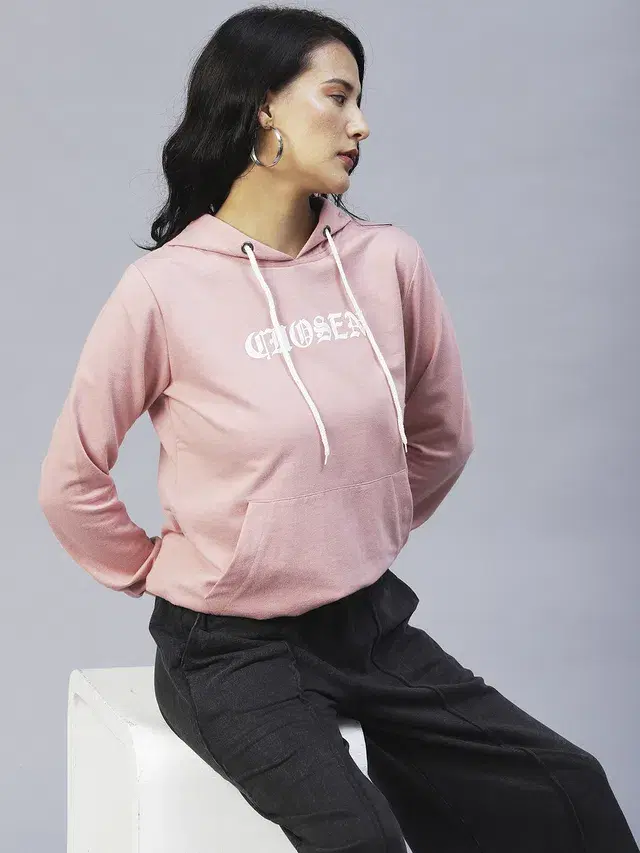 Women's Printed Hooded Sweatshirt (Peach, M)