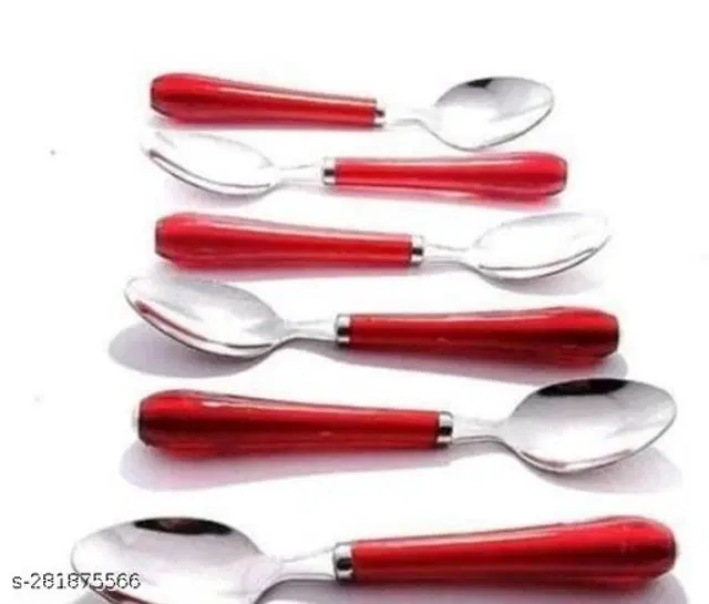 Stainless Steel Spoon, Silver & Red, Pack of 6