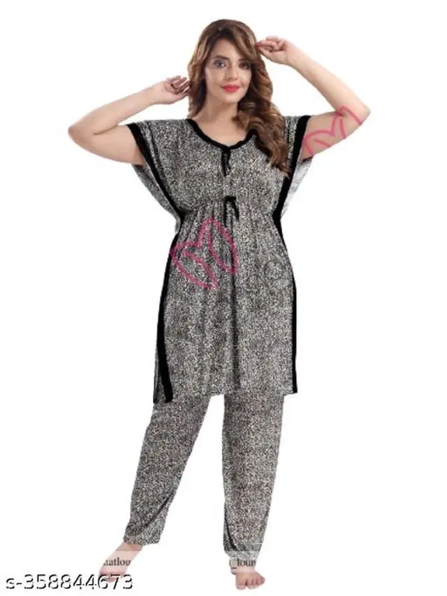 Satin Nightsuit for Women (Black & White, XXL)