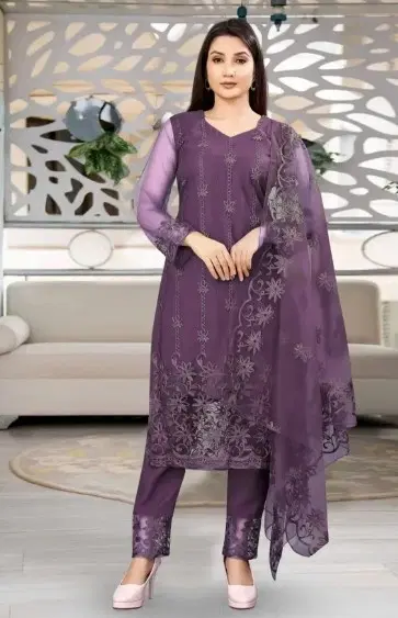 Net Solid Kurta Set with Dupatta for Women (Purple, XS)