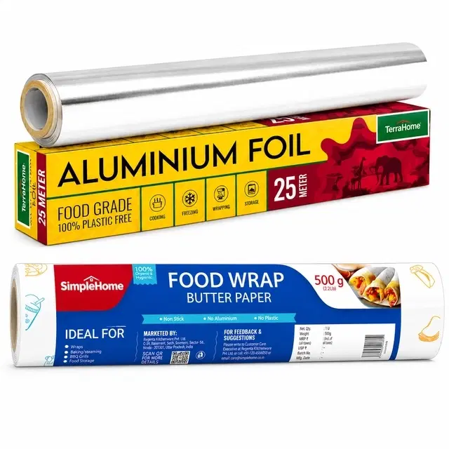 TerraHome Aluminium Foil 25m [With in-built Cutter] and SimpleHome Basic Food Wrapping Paper 500g [Gross] [Pack of 2]