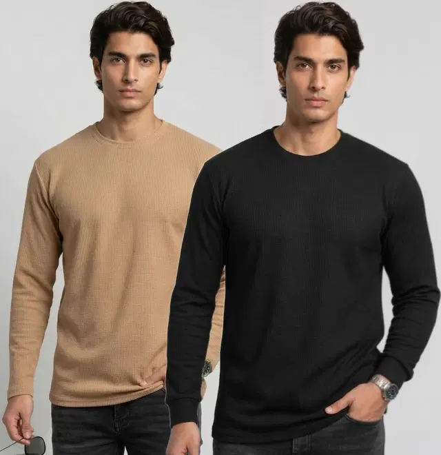 Polyester T-shirt for Men, Beige & Black, Pack of 2 (M)