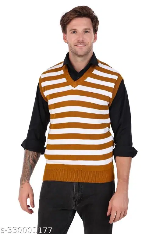Half Sleeves Sweater for Men (Yellow & White, M)