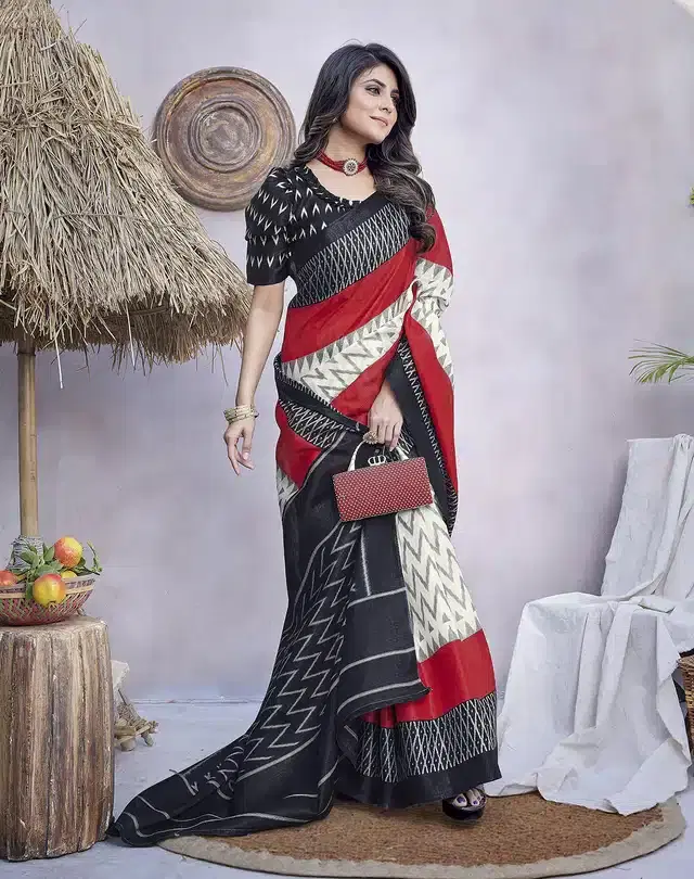 Art Silk Printed Saree for Women (Black, 6 m)