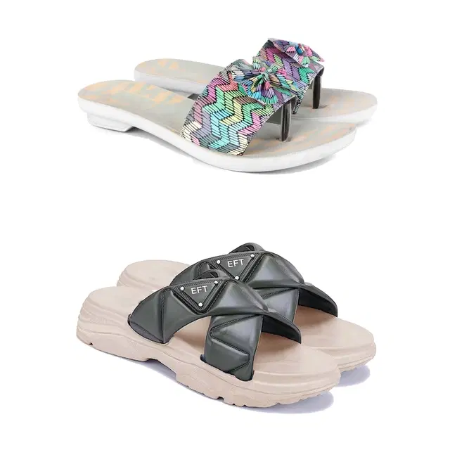 Combo of Sliders & Flats for Women, Set of 2 (Multicolor, 7)