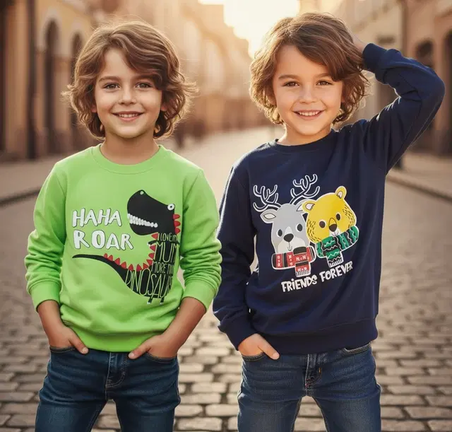 Round Neck Printed Wool Sweat Shirt For Boys, Multicolour (3-4 Years) ,Pack Of 2