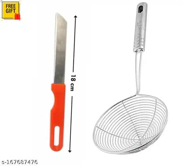 Stainless Steel Kitchen Knife with Deep Frying Strainer, Red & Silver, Set of 2