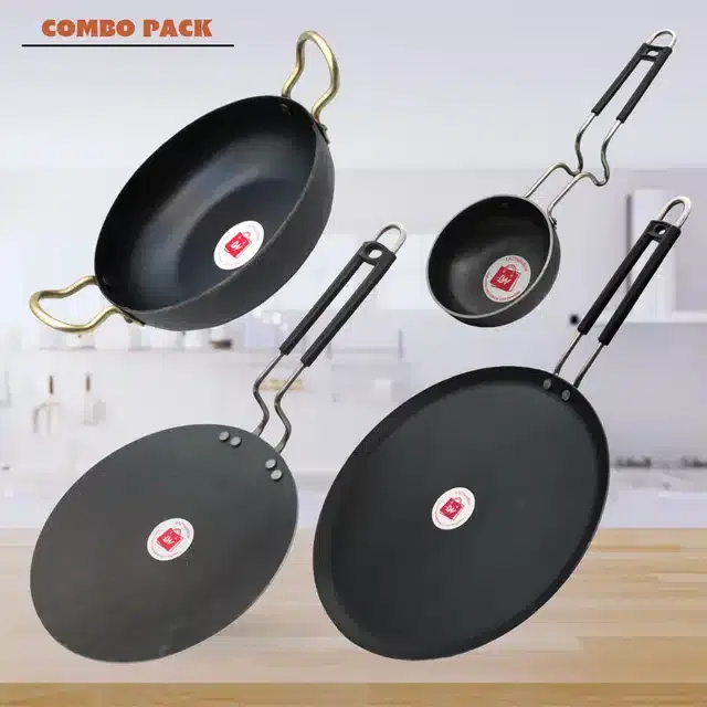 Frying Pan & Tawa Set, Pack of 4, Black, 1000 ml