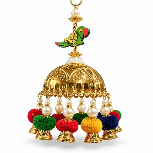 Golden Dome Jhoomar With Parrot Charm And Multicolor Pom-Pom Bells