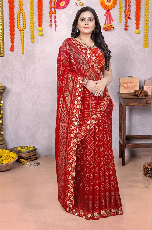Georgette Printed Saree for Women (Red, 6.1 m)