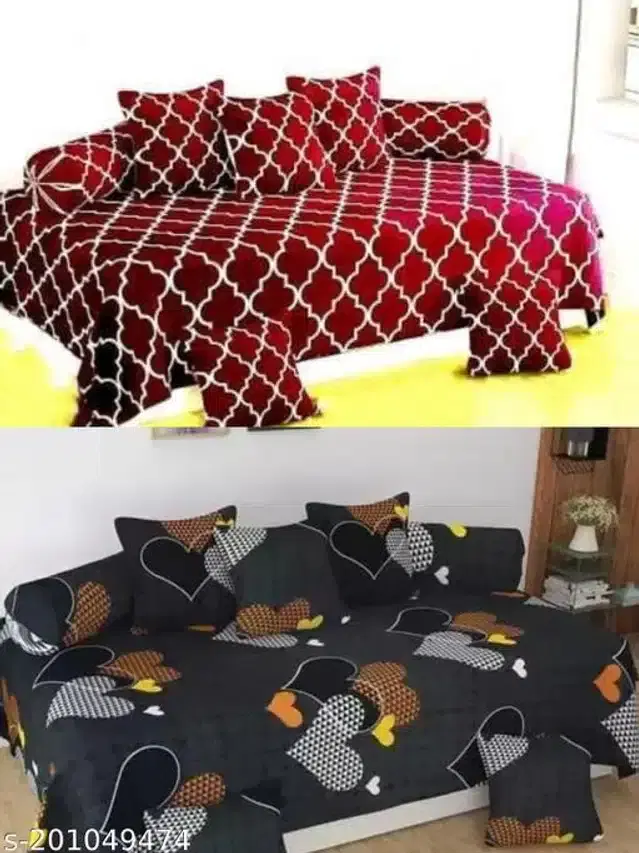 Polycotton Diwan Cover Set, Maroon & Black, Combo of 2