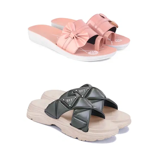 Combo of Sliders & Flats for Women, Set of 2 (Multicolor, 6)