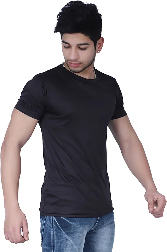 Polyester Solid T-Shirt for Men, Black (L)