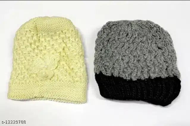 Woolen Beanie Cap for Women, Pack of 2 (Multicolor)