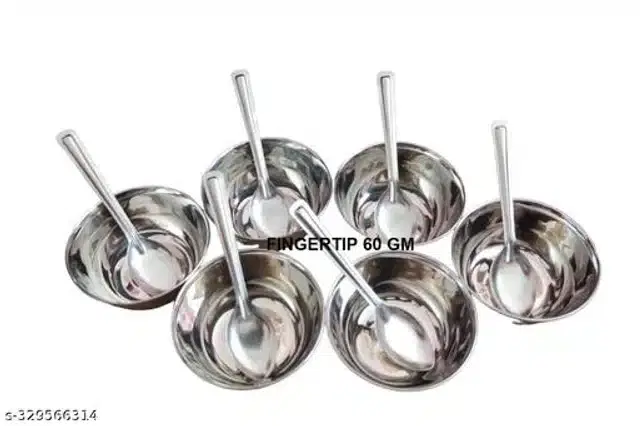 Stainless Steel 6 Pcs Bowls with 6 Pcs Spoon, Silver, Set of 2