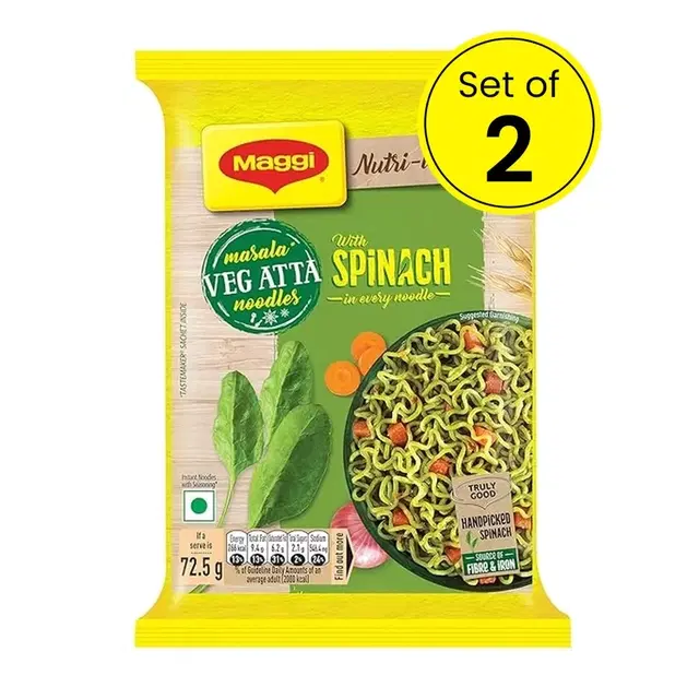 Maggi Nutri-Licious Masala Veg Atta Noodles With Spinach 2X72.5 g (Pack Of 2)