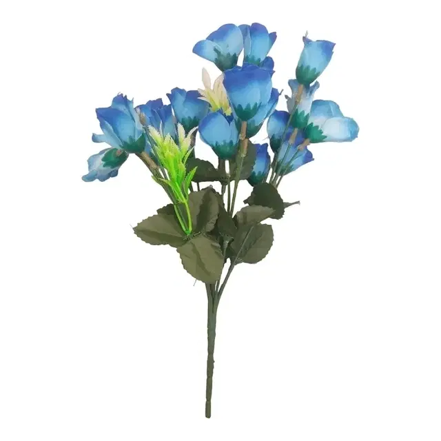 Artificial Rose Flower Bunch With Green Leaves For Home And Garden Decoration Blue