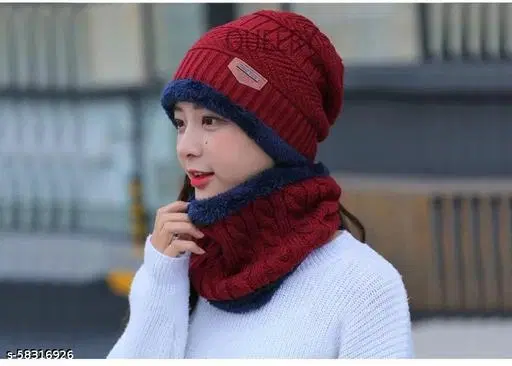 Woolen Cap with Neck Warmer for Women, Set of 1 (Multicolor)